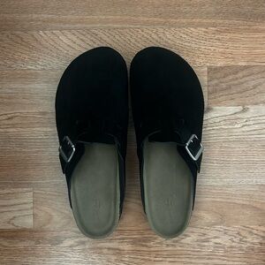 Black Suede Slip-On Sandals with Buckle